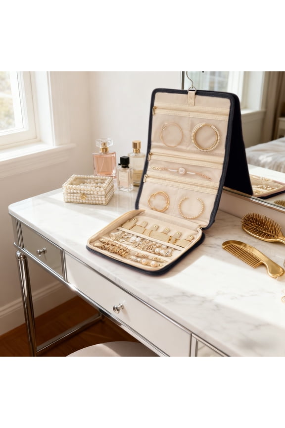 Foldable Travel Jewelry Organizer Bag, Large Capacity Hanging Storage with Multiple Zipper Pockets and Soft Lining for Necklaces Rings Earrings Bracelets, Portable Jewelry Holder for Travel Home