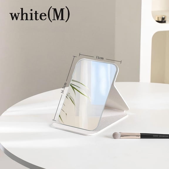 Foldable Travel Makeup Mirror, Adjustable Angle Portable Standing Vanity Mirror, Compact PU Leather Design for Home/Camping/Desktop Use,Elegant White