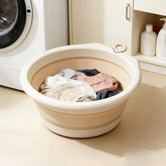 Foldable Travel Sink – Portable TPE Basin with Anti-Skid Base & Wall Mounted, Multi-Functional for Camping, Dorms, Laundry and Face Washing (Khaki)