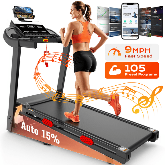 Foldable Treadmill with 15% Auto Incline, 330lb Capacity Treadmill for Home, 3.8HP Quiet Motor up to 9MPH, 105 Programs, Cushioned Running Belt, Smart APP Portable Jogging Walking Treadmill
