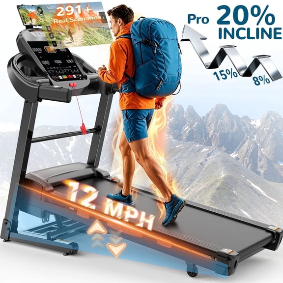 20-Level Auto Incline Treadmill, Folding Treadmill with 12 MPH High Speed, 400 LB Capacity, Bluetooth APP Control, Step Counter, Extra Wide Running Belt, Easy Assembly Workout Treadmill for Home