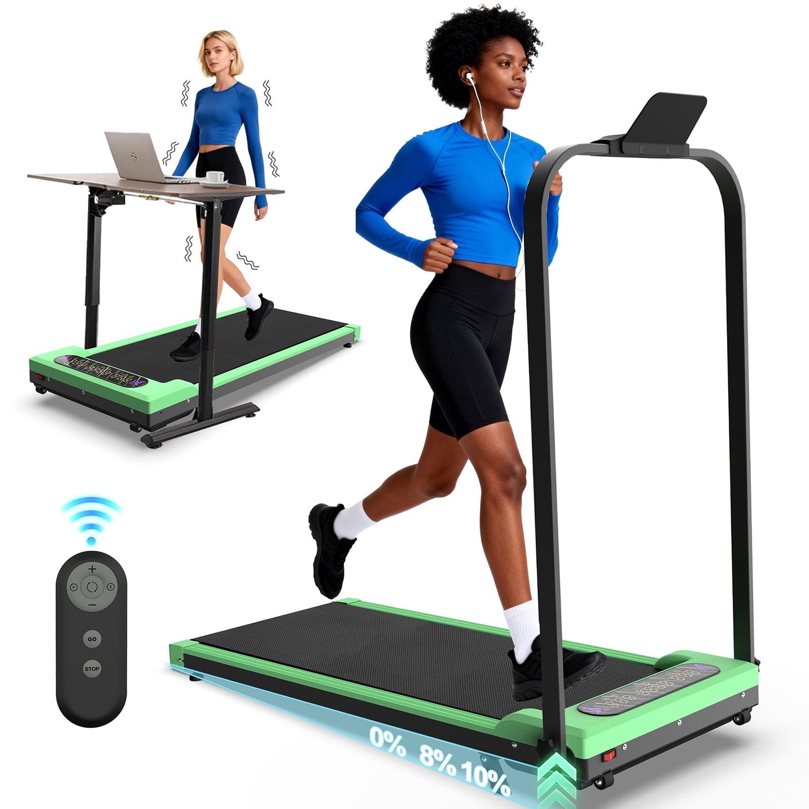 Foldable Treadmill With Handle Bar & Incline, 2 In 1 Upgrade Portable Under Desk Walking Pad And Vibration Pad With Remote Control For Home Office Small Spaces,Green