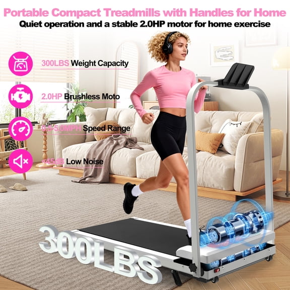 Foldable Treadmill with Handle Bar & Incline, 2 in 1 Upgrade Portable Under Desk Walking Pad and Vibration Pad with Remote Control for Home Office Small Spaces, White