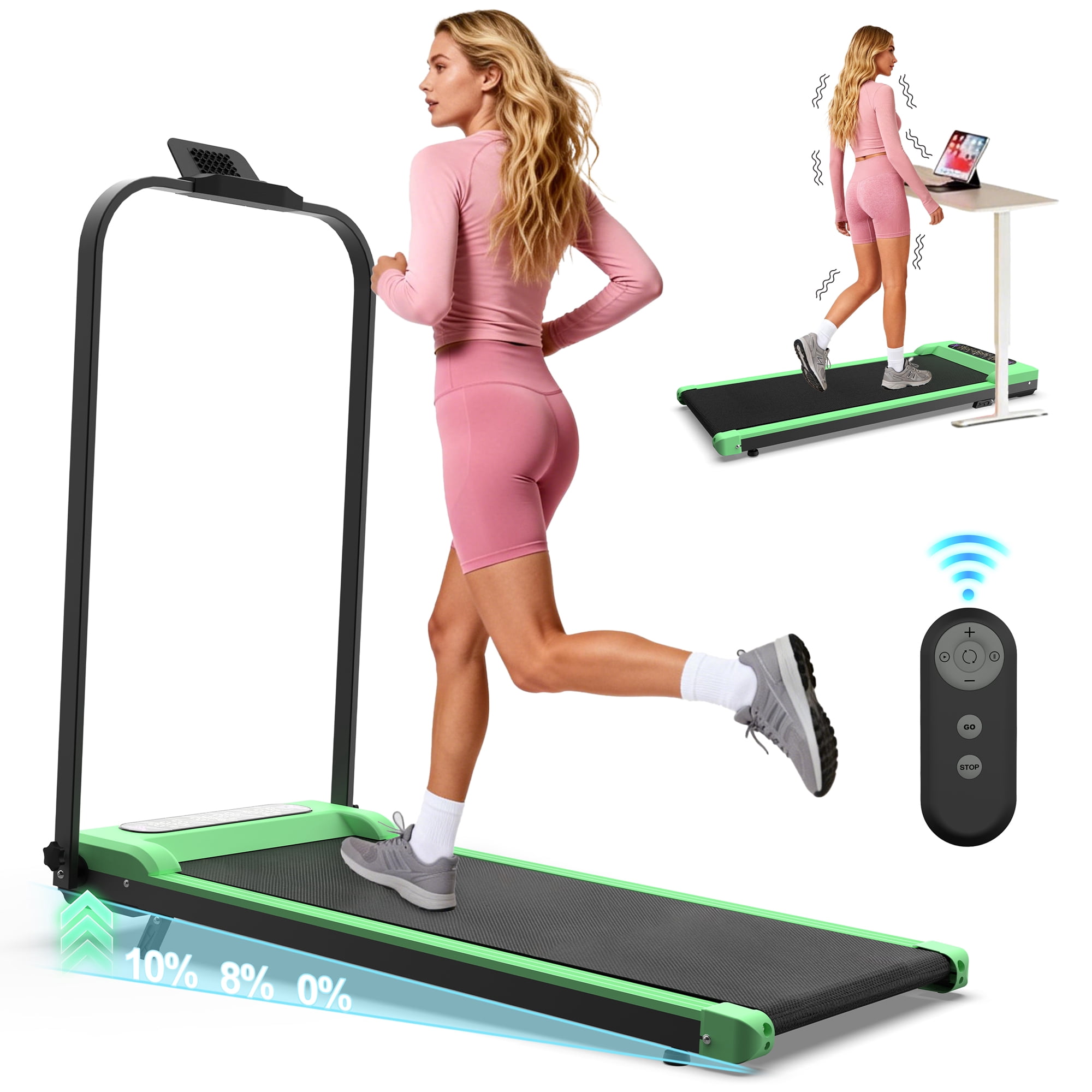 Foldable Treadmill with Handlebars, 2-in-1 Under Desk Walking Pad & Vibration Platform, Portable Treadmill with Incline & Remote for Home Office, Space-Saving Fitness Machine, Green