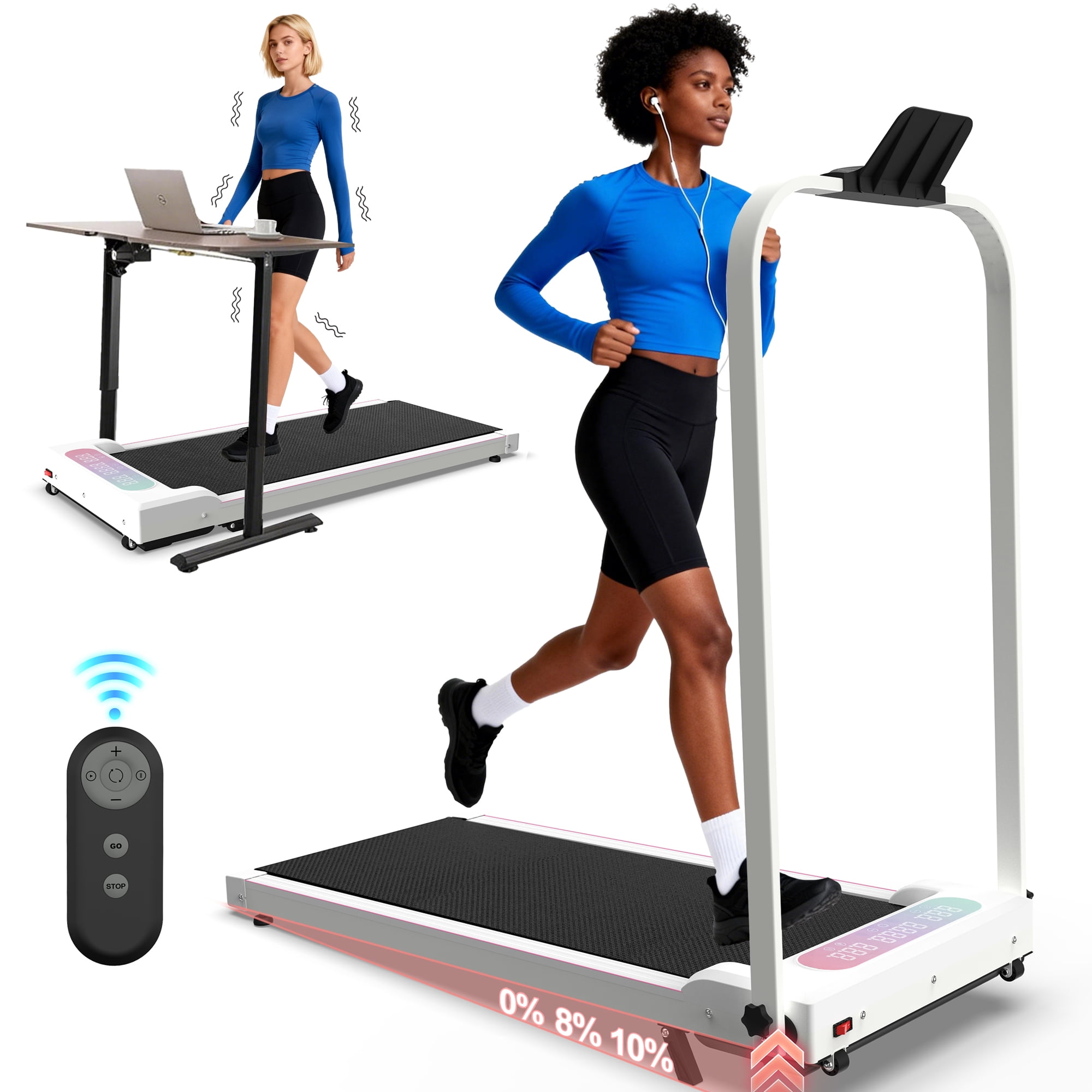 Foldable Treadmill with Handlebars, 2-in-1 Under Desk Walking Pad & Vibration Platform, Portable Treadmill with Incline & Remote for Home Office, Space-Saving Fitness Machine, White