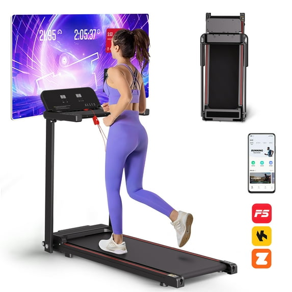 Foldable Treadmill for Home: 3HP Quiet Motor, 300LBS Capacity, Shock-Absorbing, Smart App Control, Compact & Portable Walking Pad with Handlebar - Black