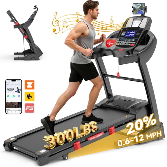 5HP Foldable Treadmill for Home, Jogging Walking Treadmill with Handle, 20% Auto Incline, 330 Lb Capacity, 12MPH, APP Connectivity, 71 Programs, Bluetooth, APP with Free Train Courses, Knee Strap Gif