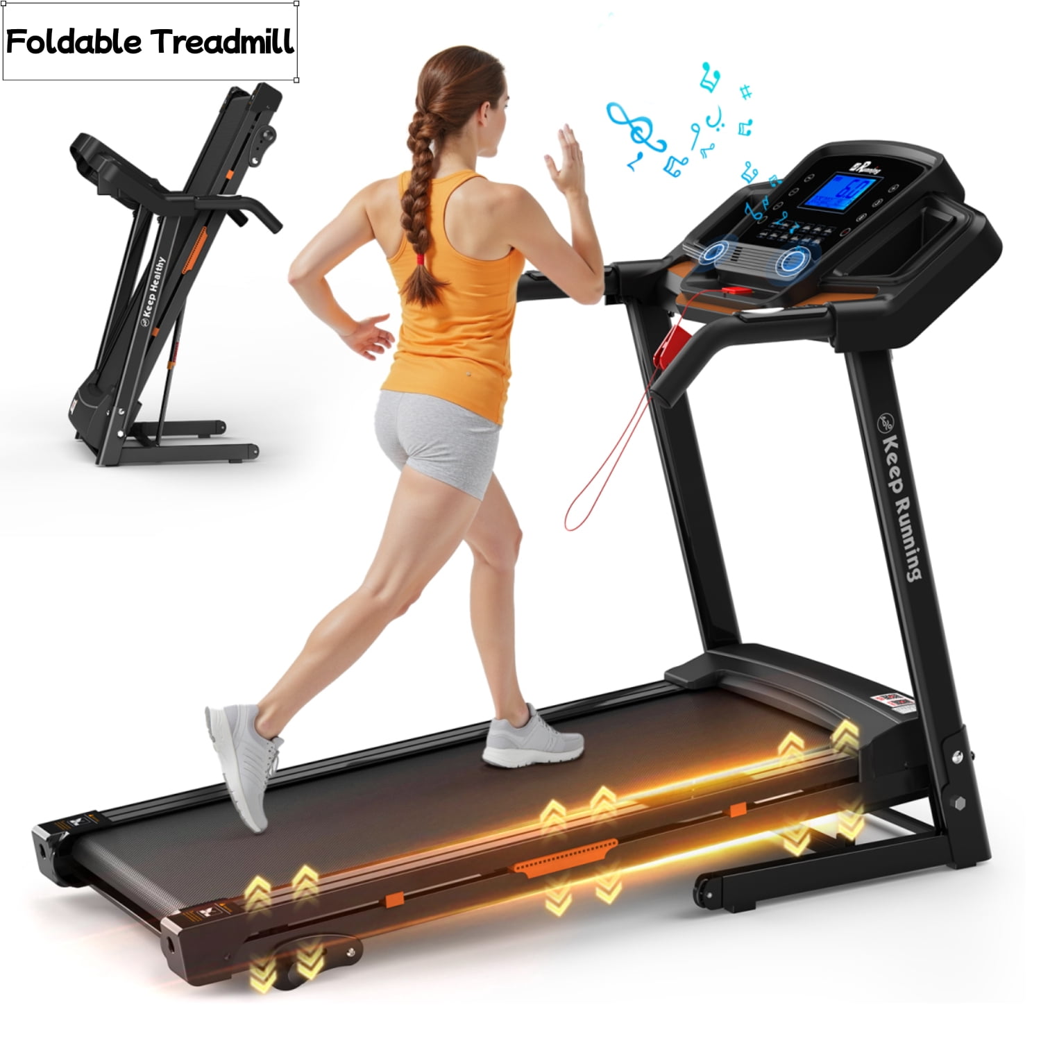 Foldable Treadmill with Incline, 3.5HP Motor, 330LB Capacity, Handrail Speed Controls, Pulse Monitor, 12 Training Programs, LED Display, APP Integration, Space-Saving Design