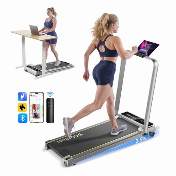 YPOO Folding Walking Pad Treadmill with Incline and Handle, 3-Window Display, Dual Use Home/Office Fitness Equipment, 300 lb Capacity, Silver