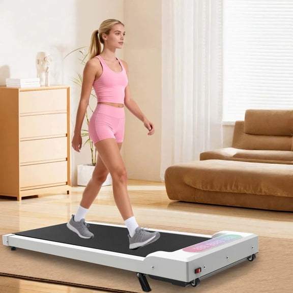A Foldable Treadmill with White Handrails, Featuring Slope Adjustment Function, Shock-absorbing Pads, and Equipped with A Remote Control, Suitable for Offices and Garages.