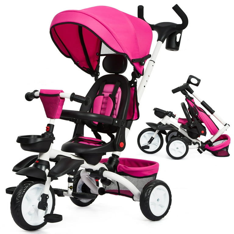 Foldable Trike for Toddlers Tricycle Stroller 7 in 1 Folding Toddler Tricycle w Removable Adjustable Push Handle Canopy Rotatable Seat Safety