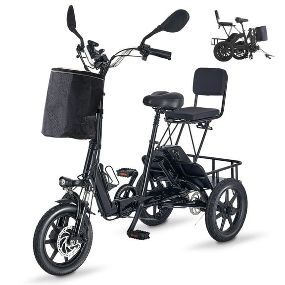 Foldable Triker Electric Bike, Peak 500W Brushless Motor Folding Trike, 3 Wheels 2 Seats Step-Thru Electric Bicycle, 480Wh Removable Battery, Up to 45 Miles, Black