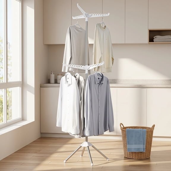 Foldable Tripod Clothes Drying Rack, 59 Inch Stainless Steel Laundry Drying Rack with Rotating Rail, Space Saving Indoor Outdoor Garment Rack, White + Silver,2-Tier