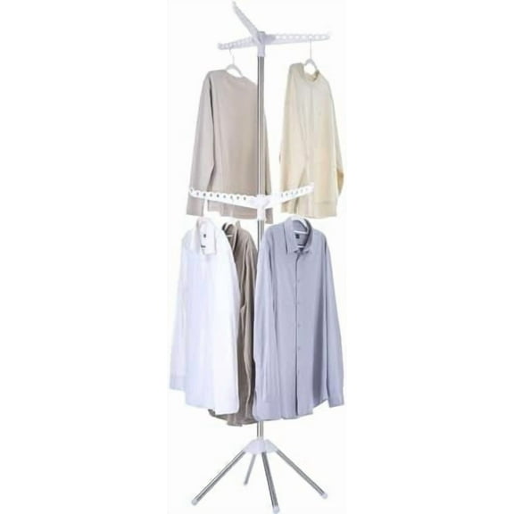 Foldable Tripod Clothes Drying Rack, 59 Inch Stainless Steel Laundry Drying Rack with Rotating Rail, Space Saving Indoor Outdoor Garment Rack, White + Silver,2-Tier