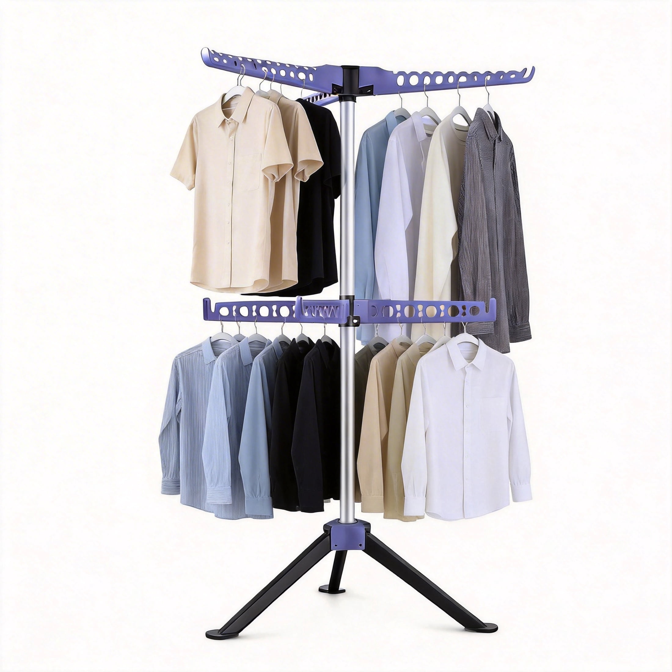 GARITIN Foldable Tripod Clothes Drying Rack, 2-Tier Folding Laundry Rack 61 Inch, 7 Arms 3 Legs, Portable Collapsible Clothing Airer for Indoor Outdoor, Blue