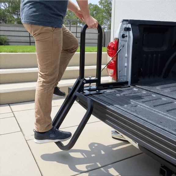 Foldable Truck Tailgate Step with Handrail, Universal Fit Pickup Bed Step Ladder, 300 LBS Capacity, Black