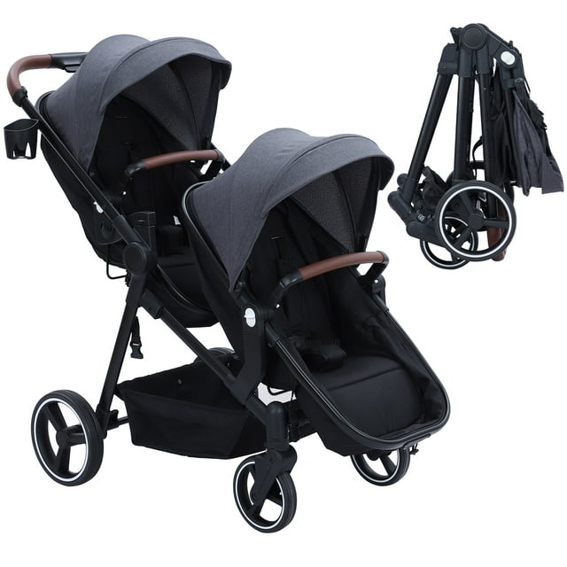 Foldable Twin Baby Double Stroller with Large Storage Basket and Canopy,Lightweight Travel Stroller Infant Pushchair,Dark Grey