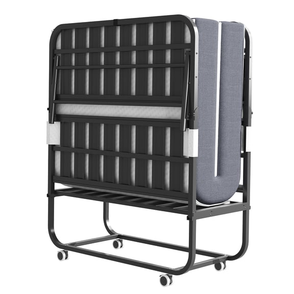 Foldable Twin Bed Frame with 3.7" Memory Foam Mattress, Portable Sleeper with Locking Wheels, No Box Spring Needed
