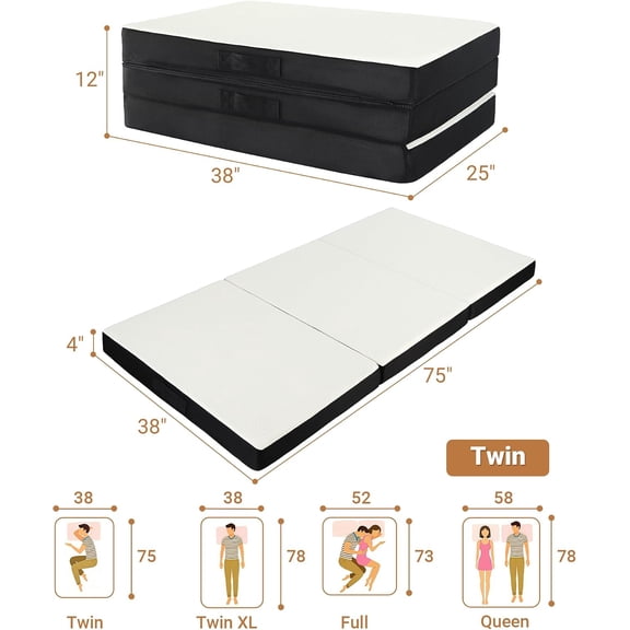 Foldable Twin Memory Foam Mattress with Washable Cover, 4 Inch Tri-Fold Floor Pad for Guest Room RV Camping Travel