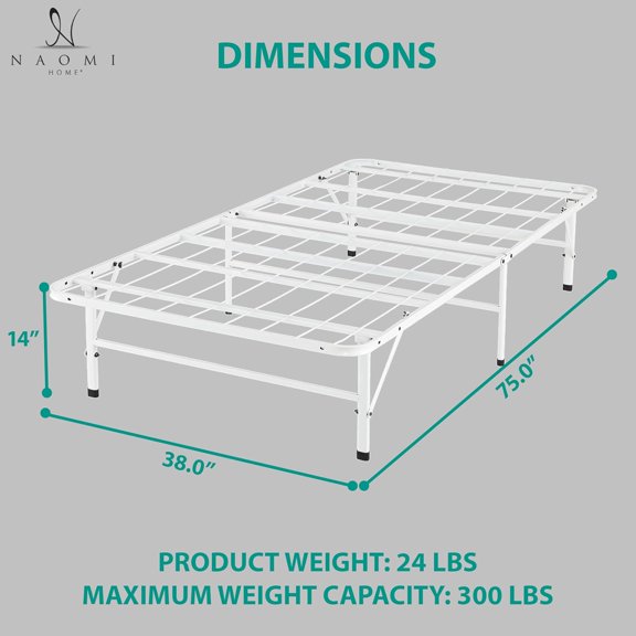 Foldable Twin Metal Bed Frame with 13-Inch Underbed Storage, Fully Assembled Steel Platform No Box Spring Needed, Squeak- 600 lb Capacity for Stress- Setup and Small Spaces, White