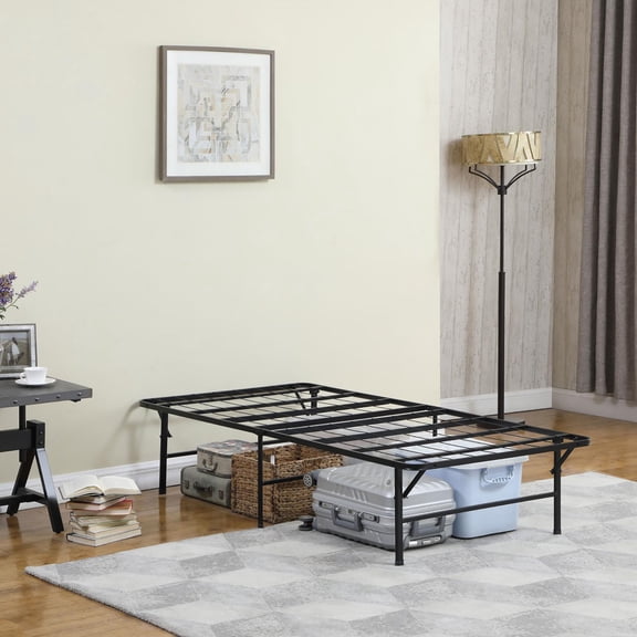 Foldable Twin Platform Bed with Under Bed Storage, Heavy Duty Steel Frame, Black, 73L x 37W x 16H Inches