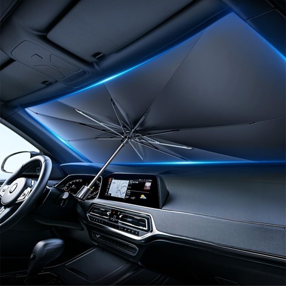 Foldable Umbrella Car Windshield Sun Shade, Silver Coated UV & Heat Protection, Universal Fit for Car SUV Van, 55 x 27 Inch Reflective Sun Visor Block for Vehicle Front Windshield
