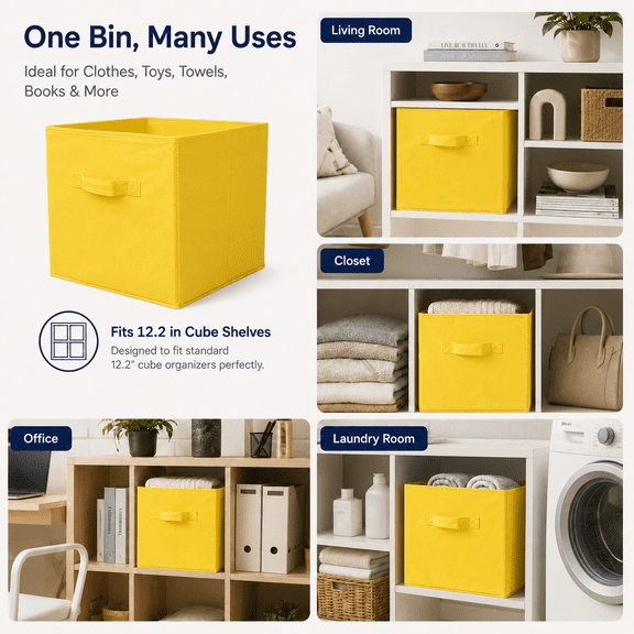 Foldable Uncovered Storage Box, Large Open-Top Organizer Bin for Wardrobe, Closet & Sundries, Sturdy Collapsible Storage Container for Home, Bedroom & Laundry Organization, 12*12*12in, Yellow