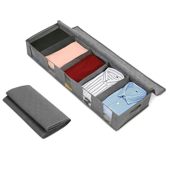 Foldable Underbed Bags,Under Bed Storage Bags - Large Capacity Clothing Containers with 5 Clear Windows for Clothing, Shoes, Blankets, Clothes, Sweaters, Grey