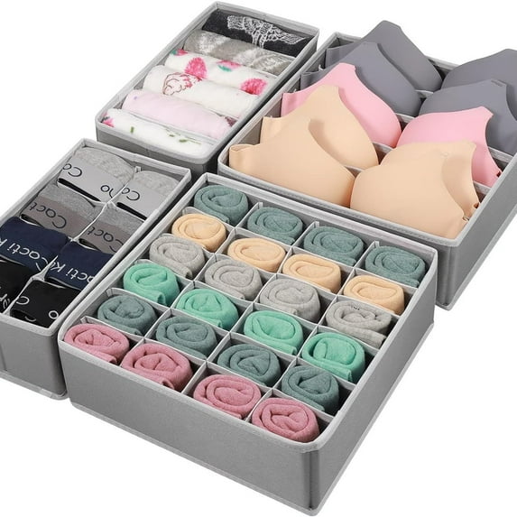 Foldable Underwear and Bras Drawer Organizers, 4 Pack Fabric Closet Dresser Drawers Organizers Dividers, Clothing Storage Organizers Box for Lingerie, Panties, Socks, carf, Briefs,Ties