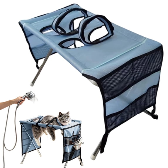Foldable Upgrade Pet Grooming Bath Stand Blue, Adjustable Height Stainless Steel Dog Bathing Support with Breathable Mesh, Pet Bath Grooming Station for Small Medium Dogs Cats