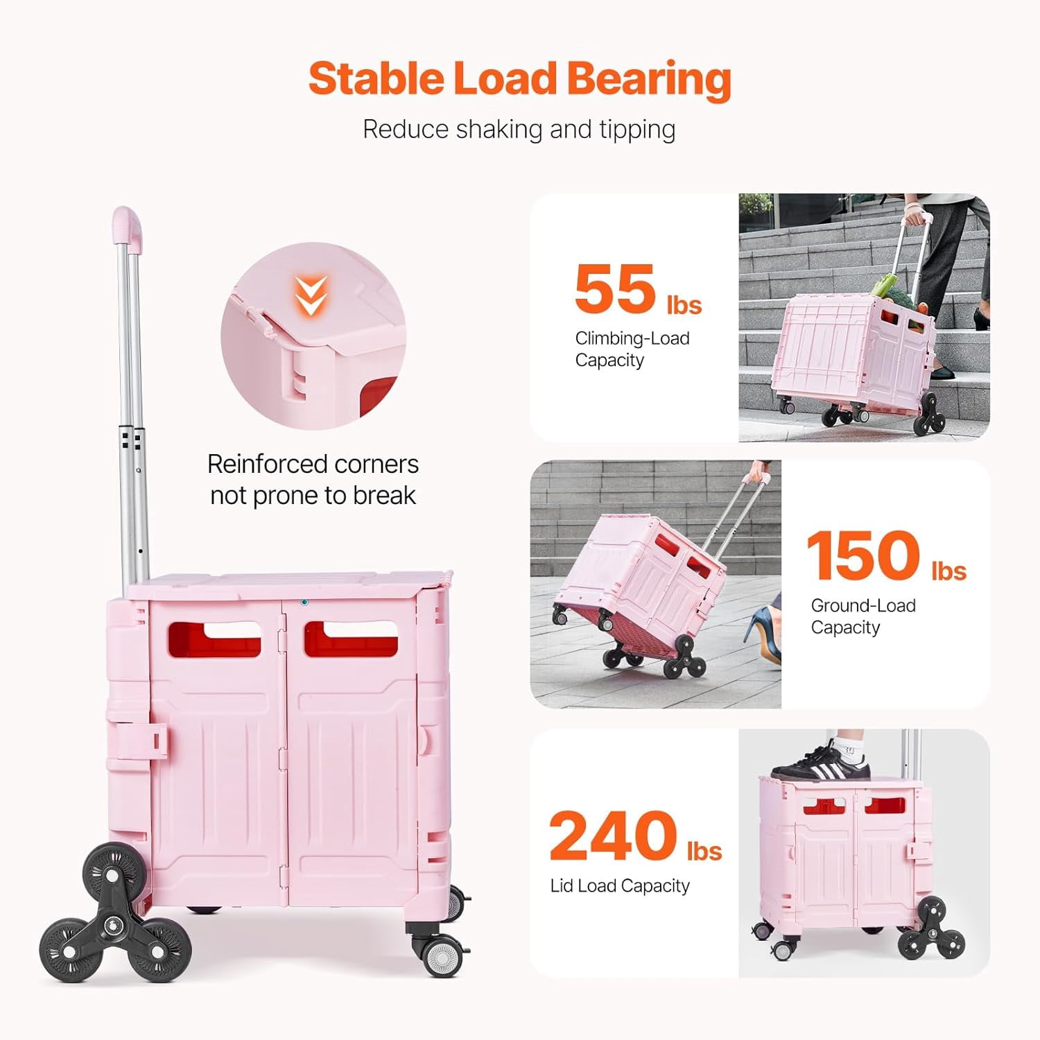 Foldable Utility Cart, 65L Collapsible Portable Crate Rolling Cart with ...