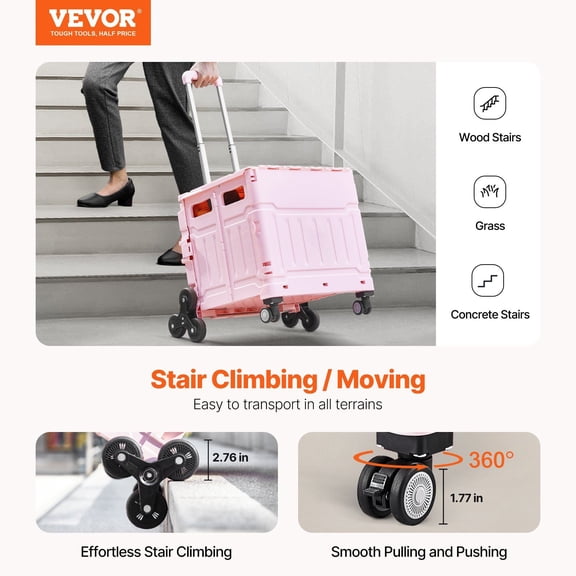Foldable Utility Cart,65L Collapsible Portable Crate Rolling Cart with Stair Climbing Wheels&360 Swivel Wheels,Hand Cart with Telescoping Handle for Shopping Office Moving Teacher,Pink