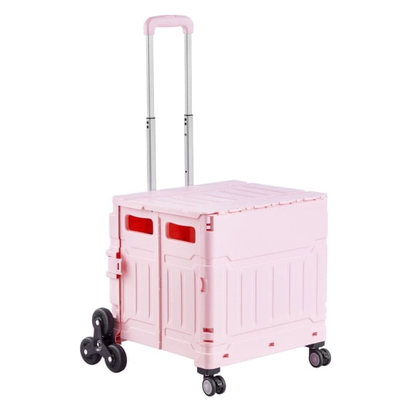Foldable Utility Cart 65L, Stair Climbing Hand Cart with Wheels, Portable Collapsible Rolling Crate, Telescoping Handle for Shopping, Moving, Office, Pink