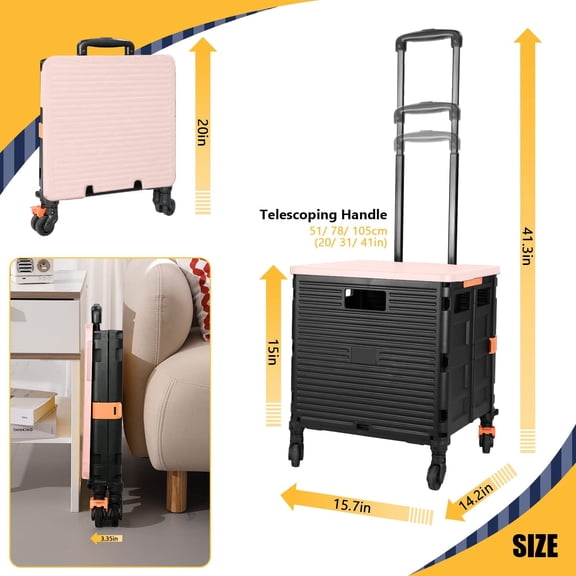 Foldable Utility Cart Collapsible Crate Rolling Carts Handcart Trolley Tool Box Basket 4 360 ° Noiseless Wheels Lid Telescoping Handle for Shop Grocery Luggage Move Office School Teacher (Pink)