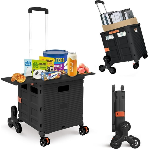 Foldable Utility Cart Collapsible Portable Crate Rolling Carts with Stair Climbing Wheels Tote Basket with Magnetic Lid Telescopic Cover Wear Resistant 360 Rotate Wheel Noiseless for Shopping Office W...