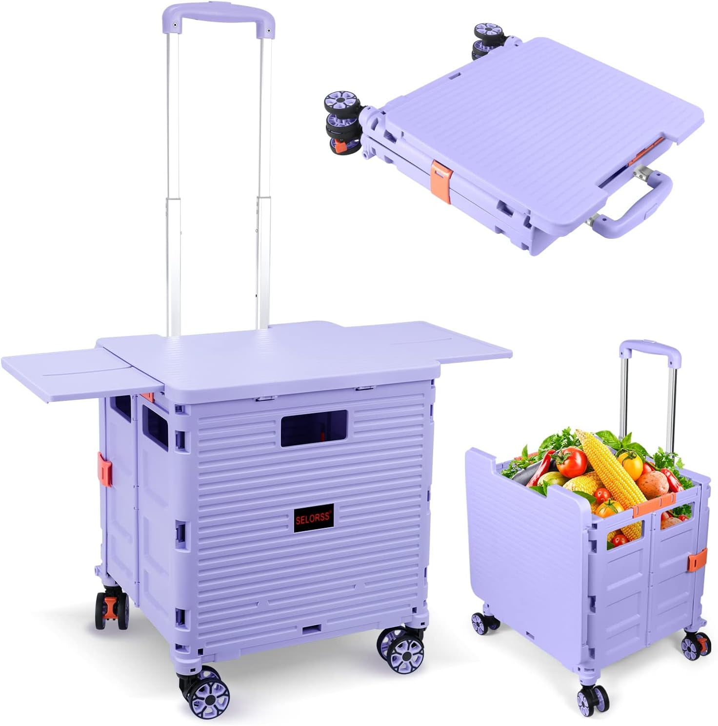 Purple Foldable Utility Cart with Telescoping Handle and 360° Wheels