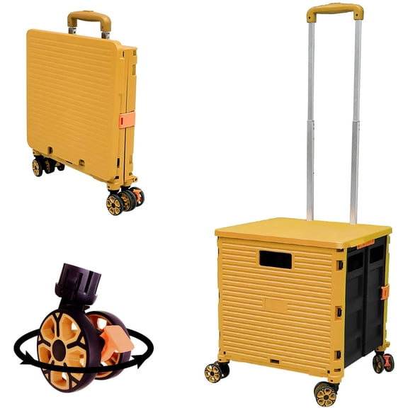 Foldable Utility Cart Folding Portable Rolling Crate-Black | Durable,Heavy Duty,Plastic Box,Telescoping Handle,4 Rotate Wheels,Collapsible Handcart for Travel Shop Move Luggage Office