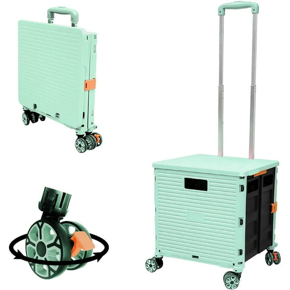 Foldable Utility Cart Folding Portable Rolling Crate Handcart with Durable Heavy Duty Plastic Telescoping Handle Collapsible 4 Rotate Wheels for Travel Shopping Moving Luggage Office Use Green