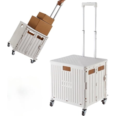 Foldable Utility Cart Folding Portable Rolling Crate Handcart with Durable Heavy Duty Plastic Telescoping Handle Collapsible 4 Rotate Wheels for Travel,Shopping, Luggage, Office, Teacher(White)