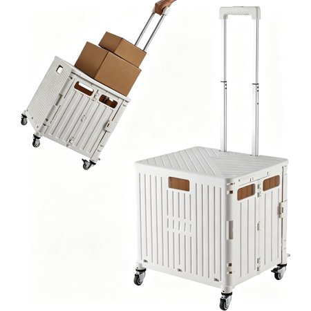 White Collapsible Rolling Utility Cart, Foldable Portable Hand Crate Cart with Extendable Telescopic Handle & 4 Rotating Wheels for Shopping, Travel, Luggage & Office Use