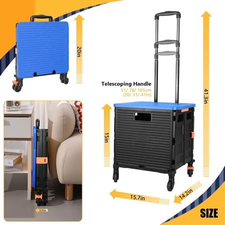 Foldable Utility Cart with Lid 360 ° Wheels Heavy Duty Portable Rolling Crate for Shopping Office Outdoor