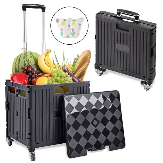 Foldable Utility Cart, Portable Rolling Crate, 360° Rotate Wheel Handcart Shopping Trolley, Wheel Box with Lid Wear-Resistant Noiseless, Multiple Use Cart for Travel, Shopping and Moving, Black