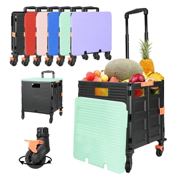 Foldable Utility Cart Portable Rolling Crate Handcart Shopping Trolley Collapsible Tool Box With Rotate Noiseless Wheels Telescoping Handle Lid For Travel Move Storage Office School (green)