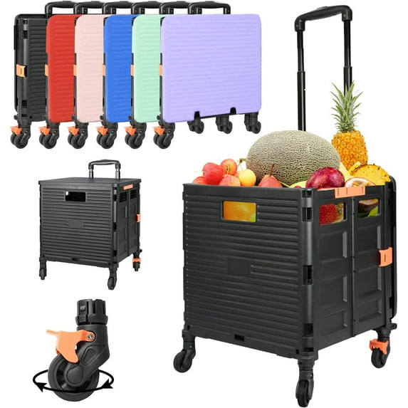 Foldable Utility Cart Portable Rolling Crate Handcart Shopping Trolley Collapsible Tool Box with Rotate Wheels Durable Duty Plastic Telescoping Handle Lid for Travel Move Office School(Black)