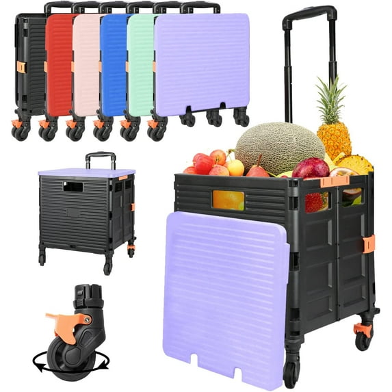 Foldable Utility Cart Portable Rolling Crate Handcart Shopping Trolley Collapsible Tool Box with Rotate Wheels Durable Duty Plastic Telescoping Handle Lid for Travel Move Office School(Purple)