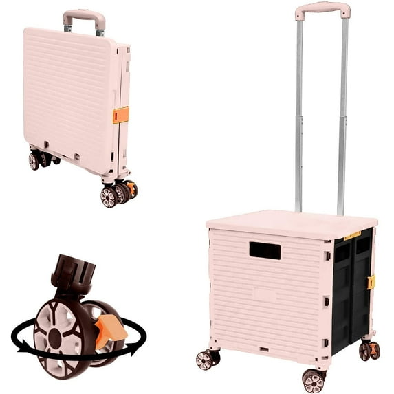 Foldable Utility Cart Portable with Durable Heavy Duty Plastic Telescoping Handle Collapsible 4 Rotate Wheels for Travel Shopping (Pink)