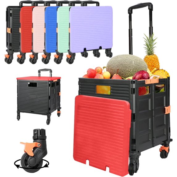 Foldable Utility Cart Rolling Crate Handcart 110lbs Large Capacity Shopping Cart with 360°Rotate Noiseless Wheels & Telescoping Handle for Transports Groceries Office School Use(Red)