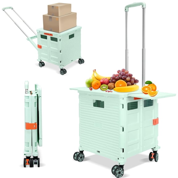 Foldable Utility Cart Rolling Crate Handcart Shopping With Rotate Wheels Extended Magnetic Lid Telescoping Handle Adjustable Angle For Transports Groceries Office Teacher File(green)