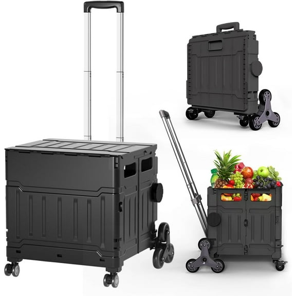 Foldable Utility Cart with Stair Climbing Wheels,Folding Portable Rolling Crate Handcart with Aluminium Alloy Telescoping Handles, Handcart for Grocery Book File Tool Art Supplies
