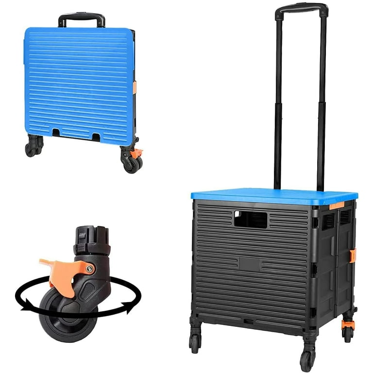 Foldable Utility Cart with Durable Heavy Duty Plastic Telescoping Handle  Collapsible 4 Rotate Wheels for Travel Shopping(Black-Blue)